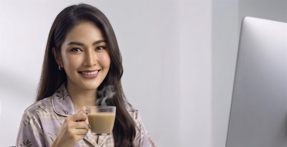 แม่ค้านั่งจิบกาแฟสบายๆ หน้าคอมพิวเตอร์ เพราะให้ส่วนขยายสรุปยอดให้